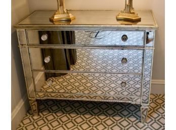 Hollywood Regency Style Mirrored & Silvered Glass Three Drawer Chest