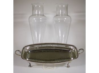 Gorgeous Pair MCM Glass Footed Vases & Handled Silver Plate Tray