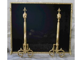 NeoClassical Solid Brass Fireplace Andirons & Screen