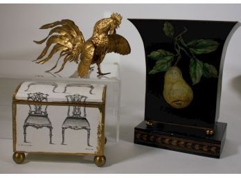Decorated Tole Footed Vase, Gilt Metal Rooster, Antiqued Wooden Box By Circa