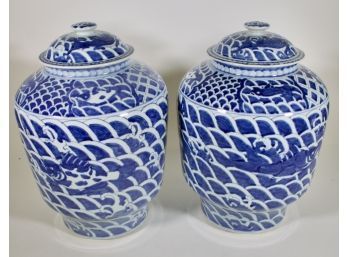 Pair Of Chinese Blue & White Glazed Porcelain Lidded Ginger Jars
