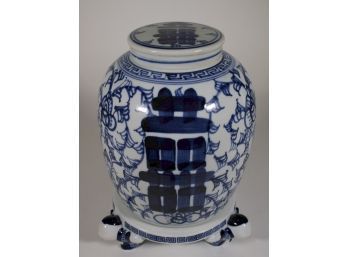 Chinese Lidded Blue & White Ginger Jar On Figural Footed Porcelain Base