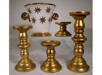 Set Of Four Gilt Ceramic Candle Holders & Rimmington Footed Cache Pot