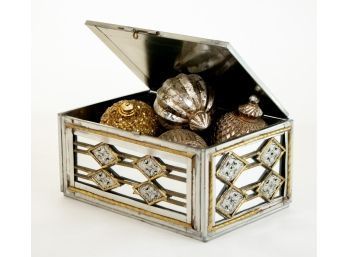 Metal Mirrored Storage Box With Gilt Wood Balls