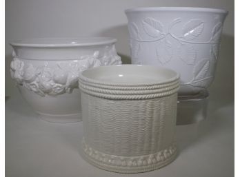 Three White Glazed Porcelain Planters