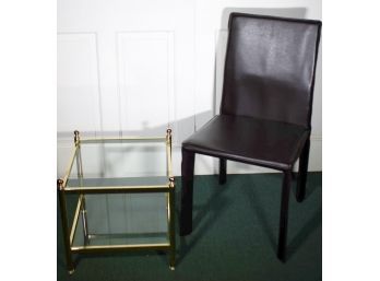 MCM Leather Stitched Chair With Heavy Brass & Glass End Table