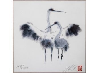 Set Of Three Framed Asian Crane Lithographs