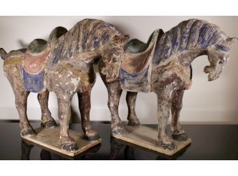 Pair Of Large Chinese Tang-style Polychromed Plaster Horses