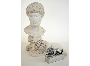 Decorative Sculpture Group, Bust Of Alexander The Great, With Two Lion Statues