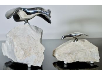 Two Hoselton Canadian Geese Sculptures Mounted On White Granite
