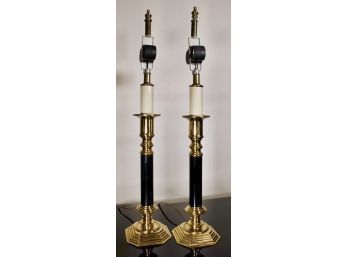 Pair Of Column Form Brass & Black Accent Table Lamps