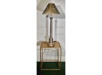 Silvered Crackle Glaze Wood Column Lamp W/ Gilt Metal Faux Bamboo Style Side Table
