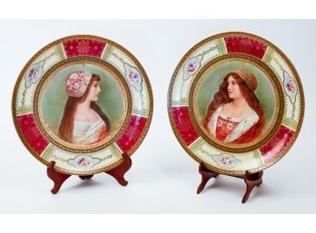 Pair Of 19th C Hand-Painted Austrian Portrait Chargers
