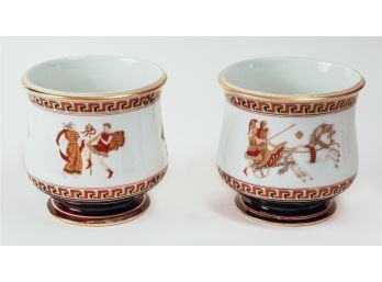 Pair Of English Porcelain Cache Pots W/ Greek Key & Roman Soldier Motif