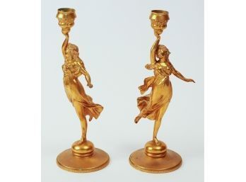 Pair Of Art Nouveau Gilt Silver Plate Candlesticks