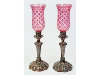 Pair Of Silver Plate Candlesticks W/ Cut-to-clear Shades