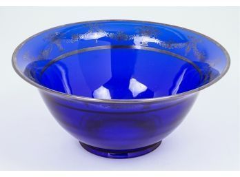 Antique Cobalt Glass Bowl W/ Sterling Silver Overlay