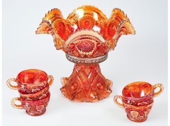 7pc Carnival Glass Punch Bowl & 5 Cups