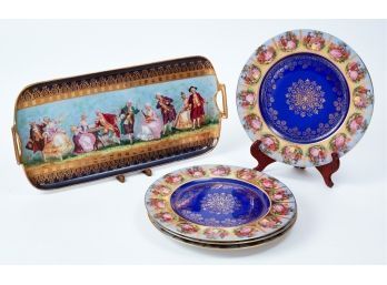 Austrian Handled Serving Tray & Four (4) Carlsbad  Courting Couple Plates
