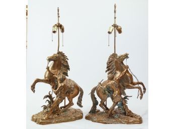 Pair Of Polished Bronze Sculptures Of A Marley Horse After Coustou