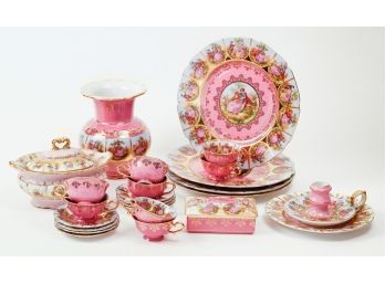 25pc Antique Set Of Austrian Courting Couple Pink Porcelain