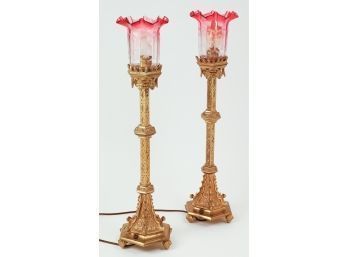 Pair Of Gilt Metal Eclesiastical Candlesticks Converted To Lamps