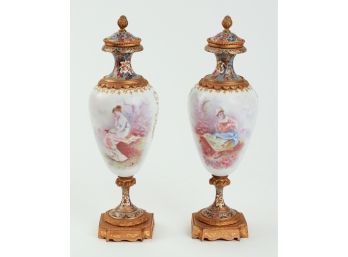 Pair Of 19th Century Royal Vienna Porcelain & Champleve Covered Urns-Signed!