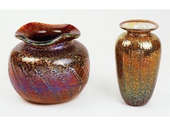 Two Hand-Blown Fuller Studio Iridescent Art Glass Vases