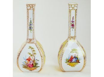 Pair Early 20th Century Hand-painted Dresden Germany Vases