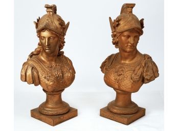 Pair Of Gold Painted White Metal Greek Gods Sculptures (Athena & Ares)