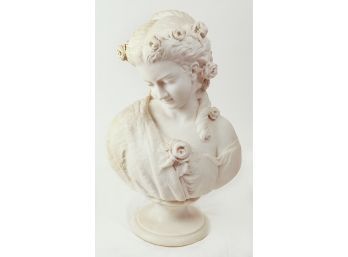 Carved Marble Bust Of Young Woman With Roses