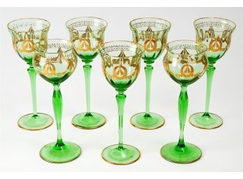 Seven (7) Bohemian Gilt Glass Wine Glasses- 2 Hoch Form