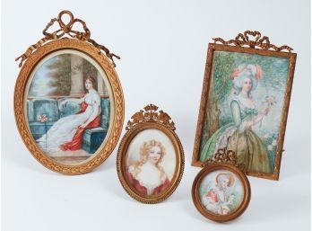 Four (4) Hand Painted On Bone Portraits In Period Brass Frames