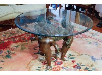 Cast Resin Triple Cherub Table W/ Glass Top