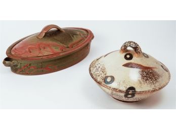 Two (2) Artisan Glazed Covered Pottery Dishes