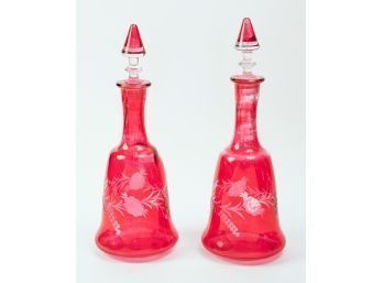 Pair Of Ruby Flash Glass Decanters