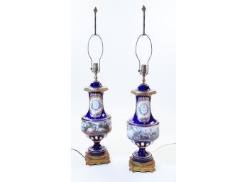 Pair Of Monumental Hand-Painted Sevres Porcelain Urns Converted To Lamps