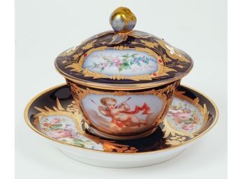 19th Century Hand-Painted French Porcelain Covered Cup & Saucer