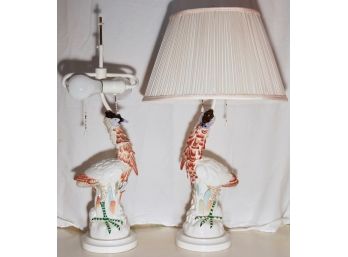 Pair Of Porcelain Fancy Bird Lamps
