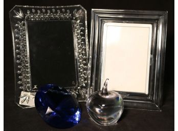 Pair Crystal Frames & Art Glass Paperweights  Waterford, Orrefors