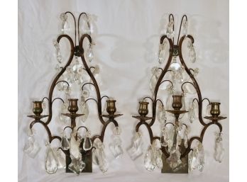 Beautiful Pair Of Vintage Iron & Crystal Prism Three Light Candle Sconces