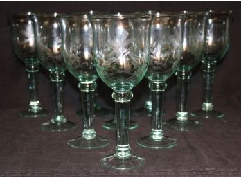 Ten Large Engraved Green Glass Goblets