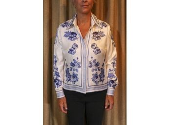 Escada Blue And Ivory Floral Silk Blouse