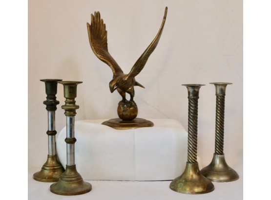 Vintage Brass Eagle & Two Pairs Candlesticks
