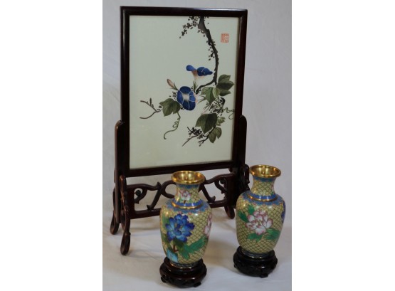 Chinese Screen And Pair Of Cloisonne Vases On Hardwood Stands
