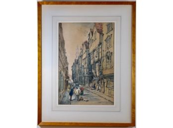 English Street Scene Watercolor, Signed  'Old Country House' Nowogroder Lithograph
