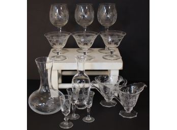 Lucky 13 Pretty Etched Glass Incl. Decanter, Vase, Creamer, Sugar