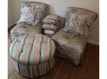 So Comfy 80s - Pair Upholstered Slipper Chairs W/ Ottoman