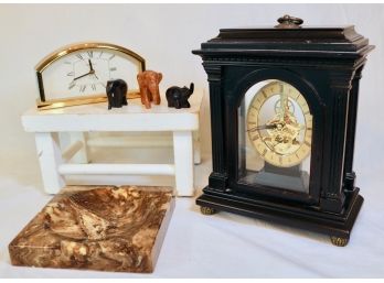 Desk Accessories Incl. Howard Miller & Skeleton Clocks, Cigar Ashtray, Carved Elephants