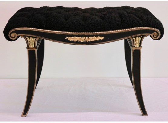 Empire Style Ebonized And Gilt Wood Stool With Lambs Wool Upholstery